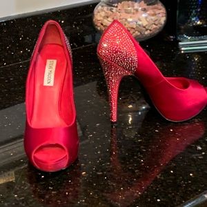 Red Satin & Rhinestone Steve Madden Peep Toe Sandal